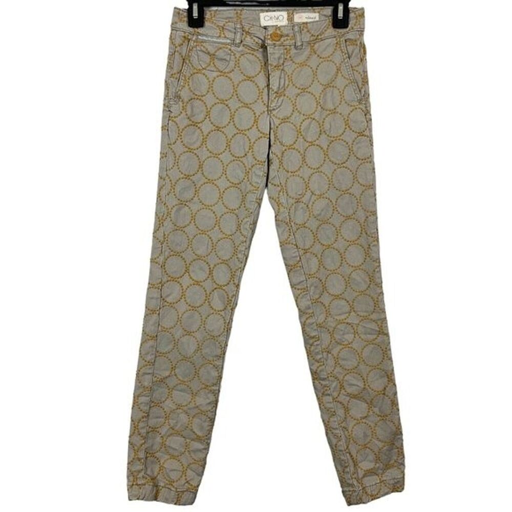by Anthropologie Chino Womens Embroidered Beige Khakis Preppy Yellow Circles 25